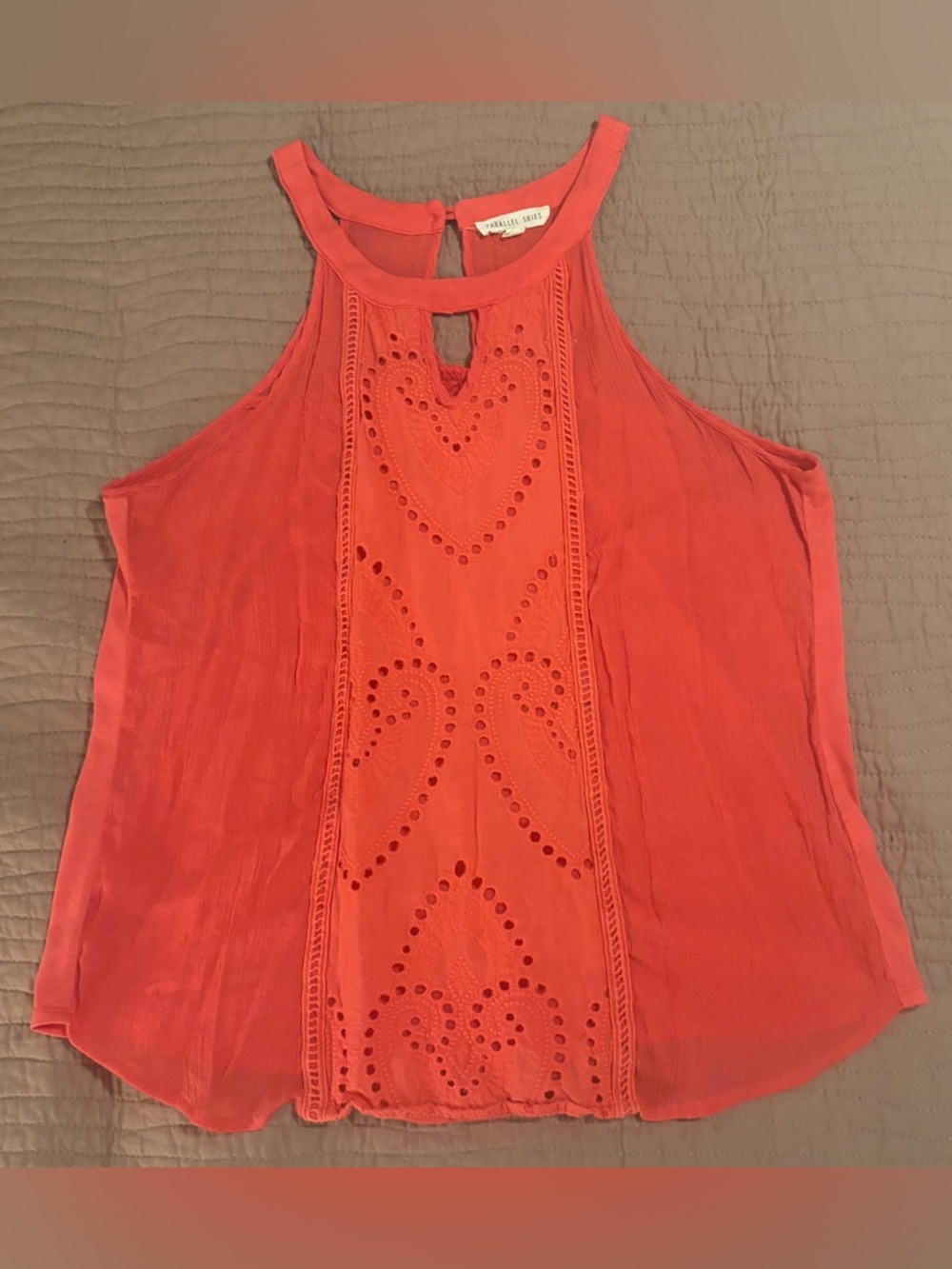Sleeveless Linen Eyelet Detail Halter Top in Coral